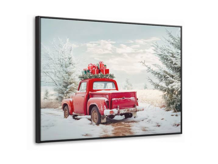 LEINWAND Bilder mit Rahmen - Auto - Rot - Geschenke - Winter - Schnee - Weihnachten - 70x50