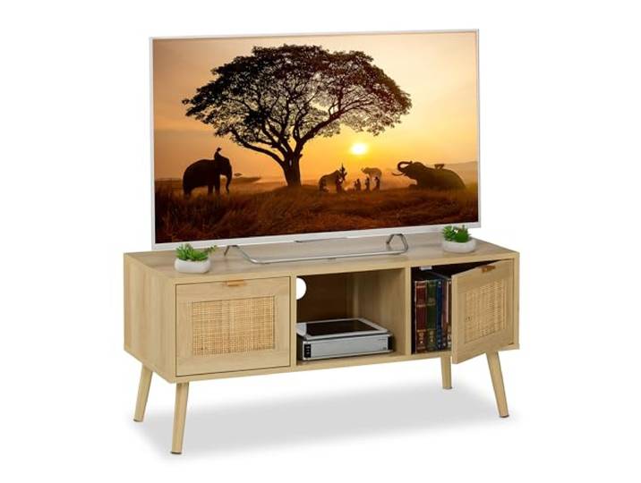 Relaxdays tv meubel, rotan look, voor tv's tot 43 inch, houtlook, natuur