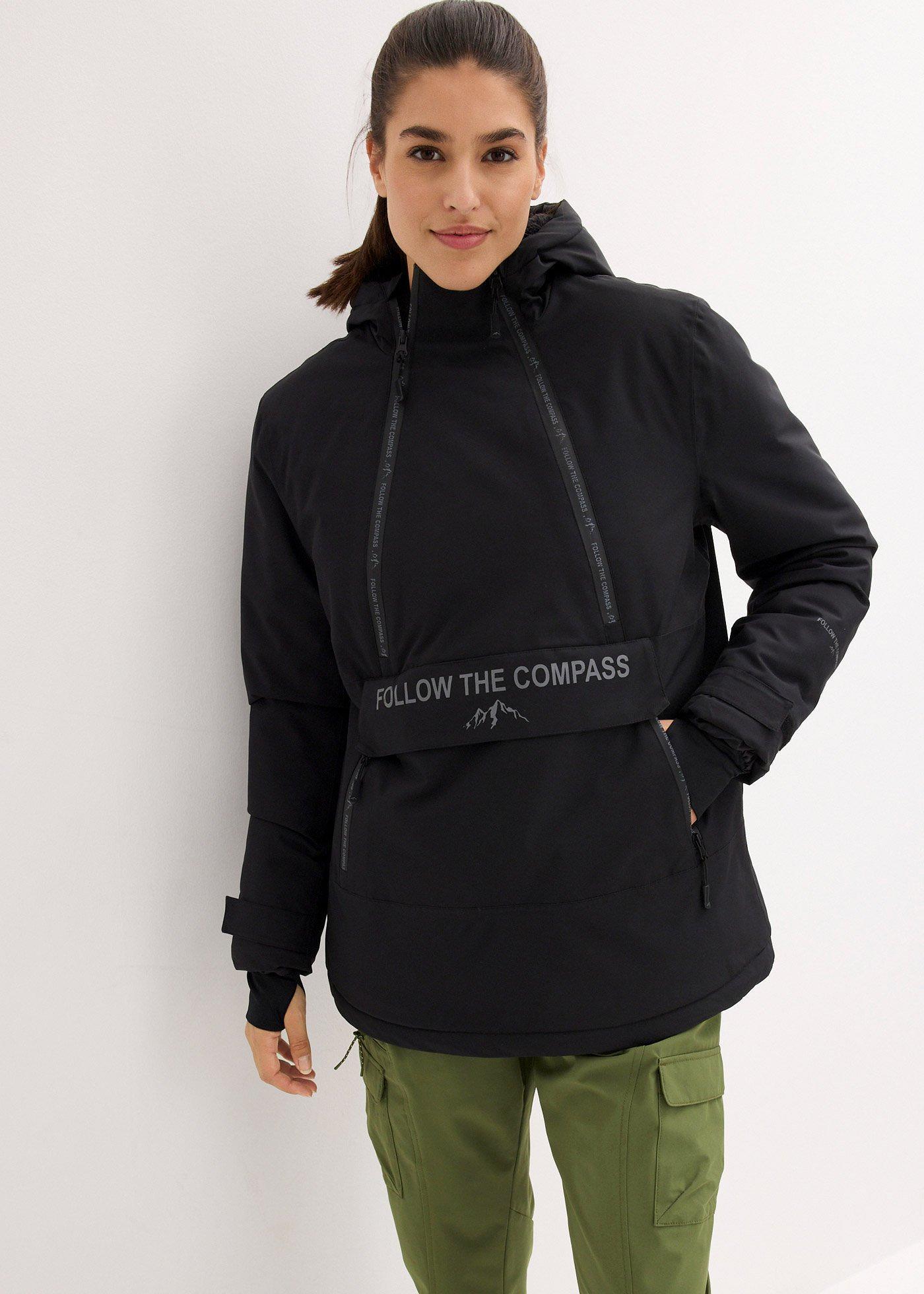 bonprix Gefütterter Windbreaker, schwarz, Gr.44, Wasserdichte Skijacke zum Reinschlüpfen mit weichem Fleece-Futter, aus Fleece