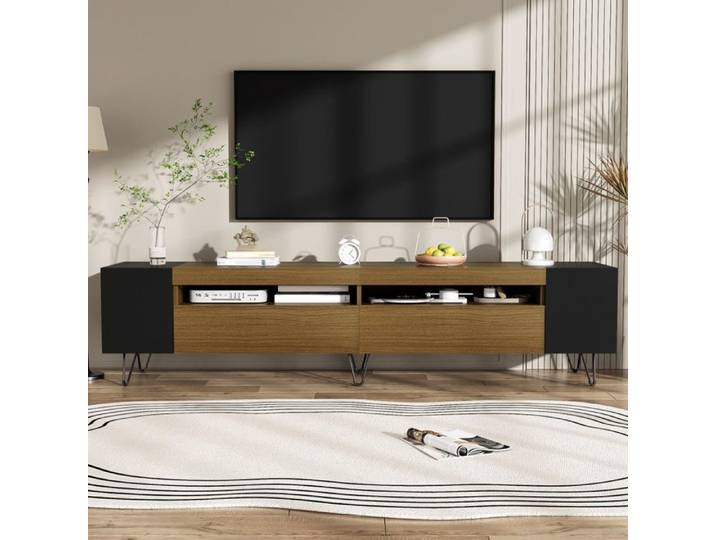 Meuble TV Bas 180x36x43cm - Design Moderne Noir et Aspect Bois avec Rangements Ouverts - Noir et Bois