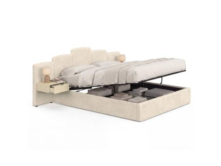 IDMarket - Doppelbett Cloud mit Stauraum, gepolstertem Kopfteil + integrierten Nachttischen und Lattenrost 160 x 200 cm, beige Samt