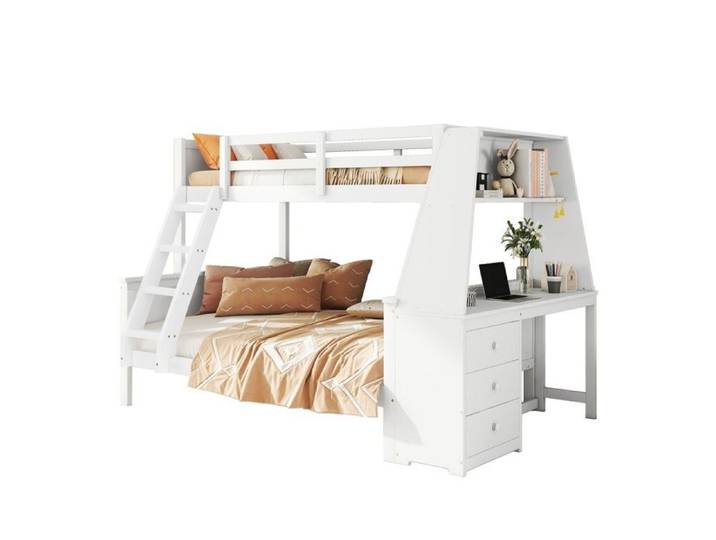 Lit Superposé Enfants-Blanc 90x200+140x200cm-Table Intégrée-Rangement-Garde-corps-Échelle-Sans Matelas