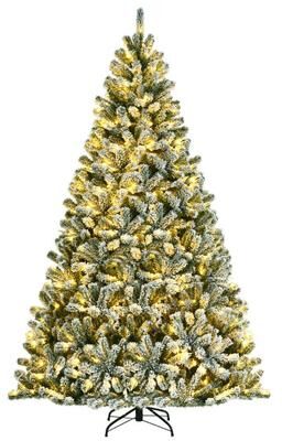 Costway 8 Feet Pre-lit Snow Flocked Christmas Tree with Tips and Metal Stand-8 ft