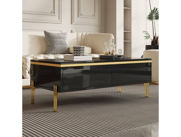 Table Basse Brillance 100x50x36cm - Élégant Meuble de Salon Chic Moderne avec Tiroirs Double Face et Pieds Métal Doré -Noire