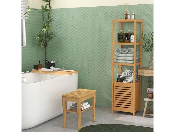 Homcom Duschhocker Bambus Naturholz, Ecru, Holz, 26x44.5x47.5 cm, Wohnzimmer, Sessel, Hocker, Sitzhocker