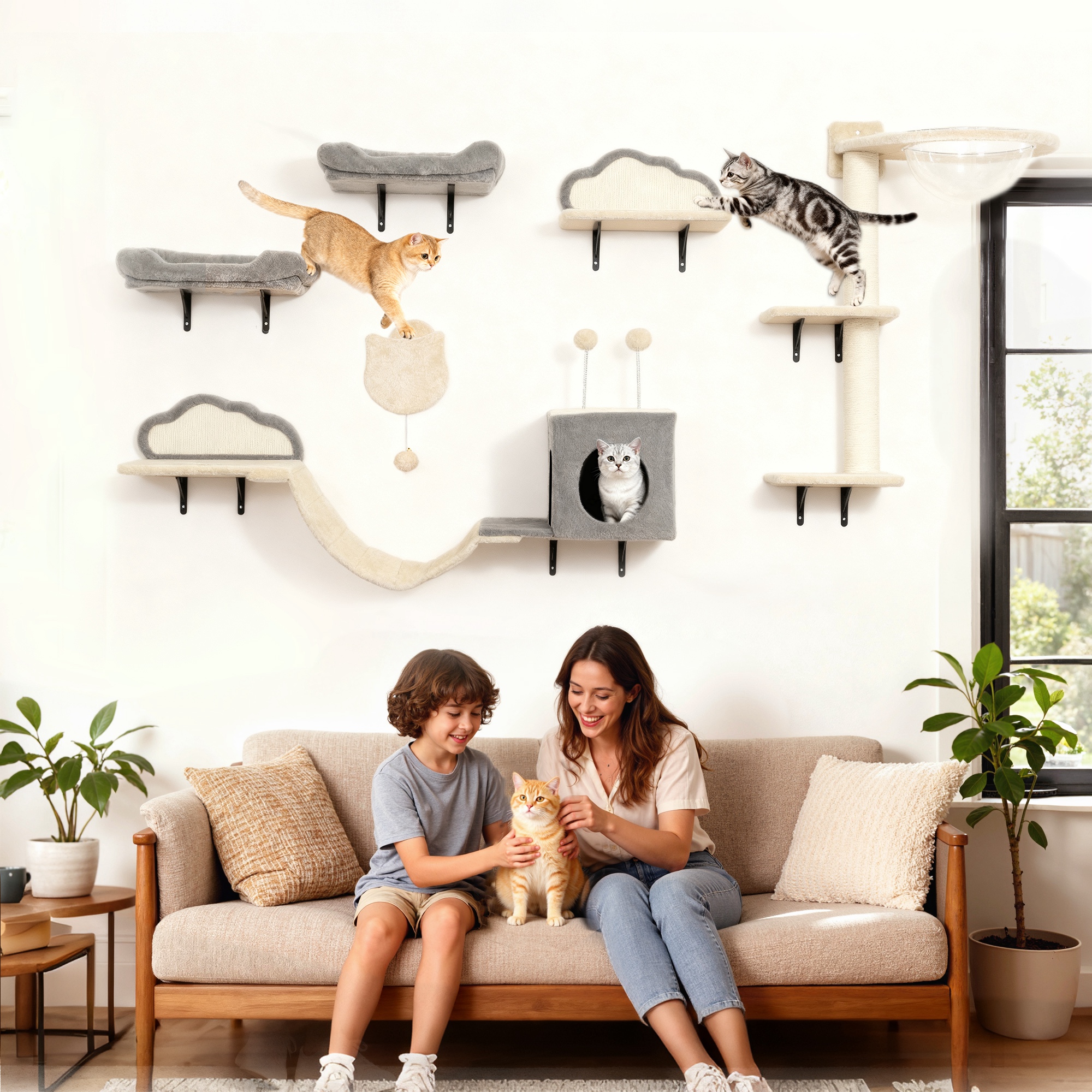 Pawhut Set Mensole da parete per gatti da 6 pezzi, con amache, tiragraffi e lettini, Beige   Aosom Italy