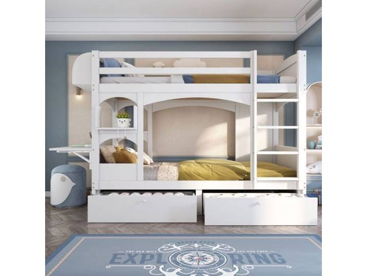 Lit Superposé Enfant - MERAX - 90x200 cm - Bois Massif - Bureau Pliant - 2 Tiroirs - Blanc blanc LITS SUPERPOSES