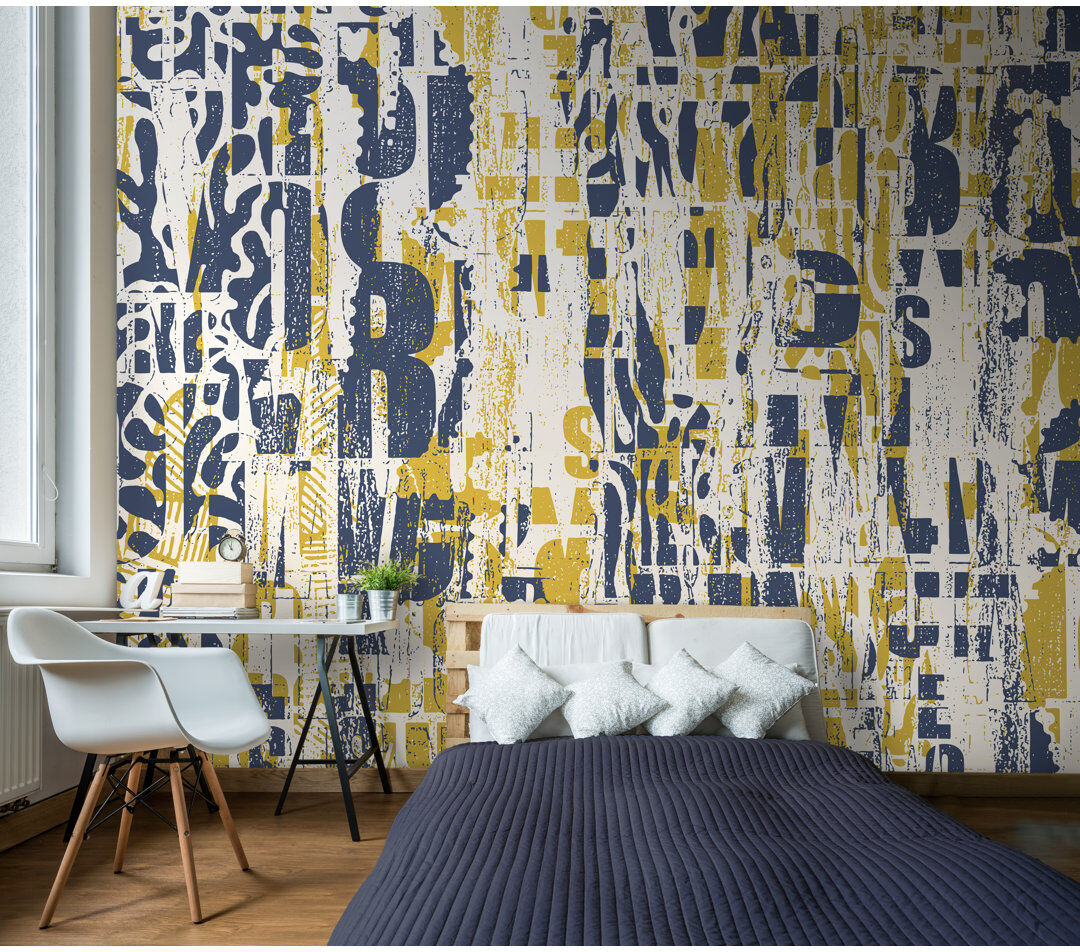Metro Lane Letterpress Graffiti Matte Roll Navy/Yellow 240cm L x 300cm W