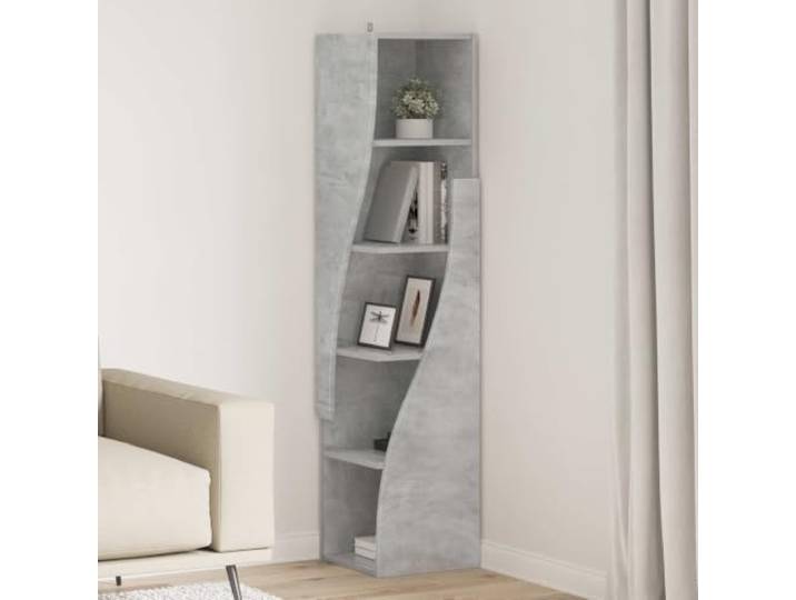 Eckschrank 32 x 32 x 140 cm, Holzwerkstoff Betongrau Außenmaß 32 x 140 cm Holzwerkstoff mit matter Oberfläche, 5 Regalböden, platZDparendes Eckdesign fürs Wohnzimmer, wandmontierbar