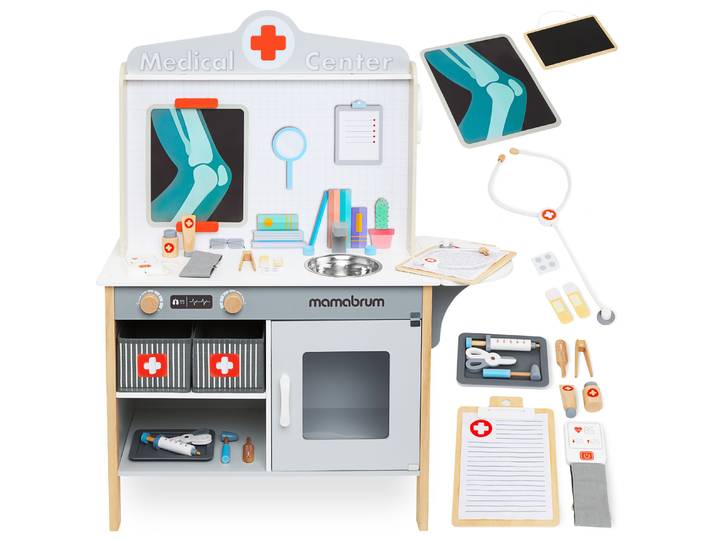Mamabrum Grand ensemble d'hôpital et de cabinet médical en bois XXL, accessoires médicaux pour enfants, jouet éducatif 3+ 4+