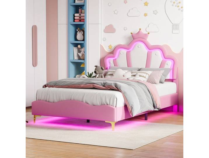 Lit enfant 140x190cm Lit princesse couronne Lit pour enfant avec LED Lit enfant fille Lit avec sommier à Lattes Rose PU