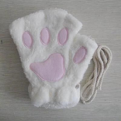Inspired Finds Cartoon Cute Cat Claw Paw Gloves Plush Mittens For Women, Warm & Soft Fingerless Bear Cat Gloves white