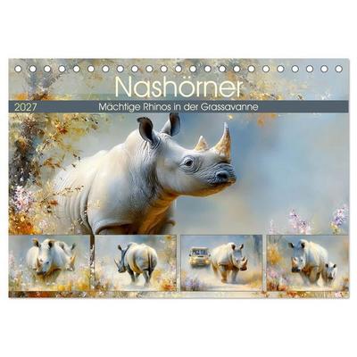 Nashörner. Mächtige Rhinos in der Grassavanne (Tischkalender 2027 DIN A5 quer), CALVENDO Monatskalender