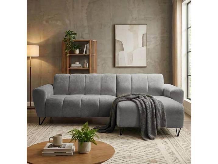 Ecksofa VOLARE MINI L-Form, Ottomane rechts, Chenille Vega in Grau, Sofa ohne Schlaffunktion, dekorative schwarze Metallbeine