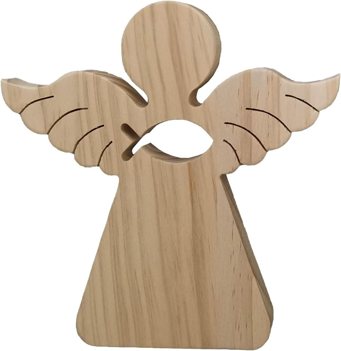 Houten Engel Handgesneden Decoratie - Natuurlijk Hout - Hoogte: 15 cm