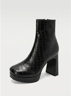 LightInthebox Women's Black Leather Platform Ankle Boots - Square Toe Chunky High Heel Booties for Office, Streetwear Night Out