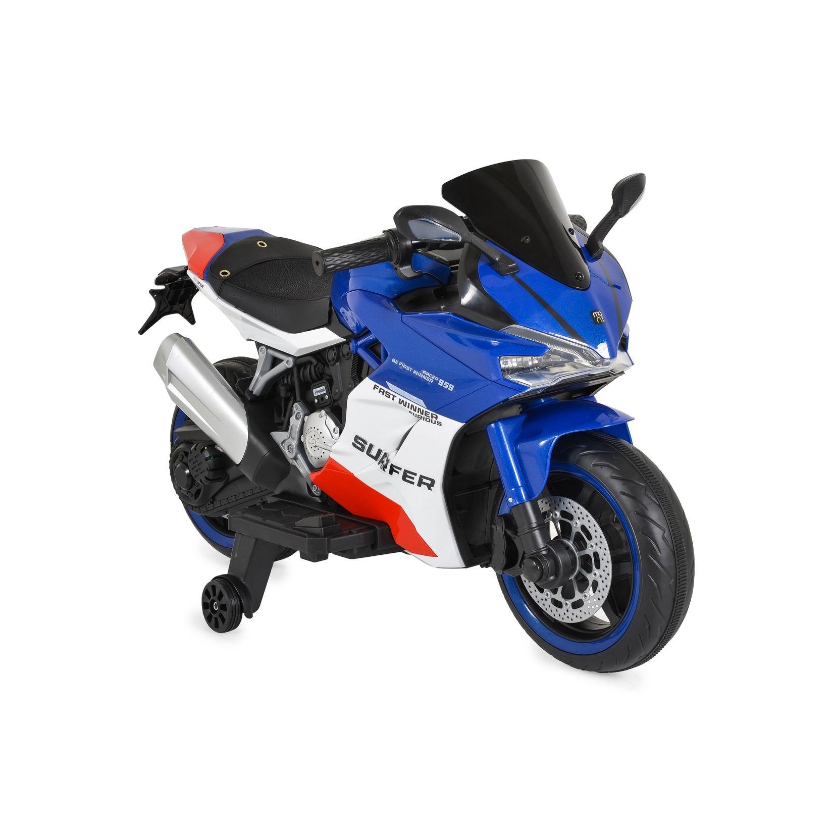Moni Kinder Elektromotorrad Surfer Stützräder Fußstütze Bluetooth MP3-Ausgang blau