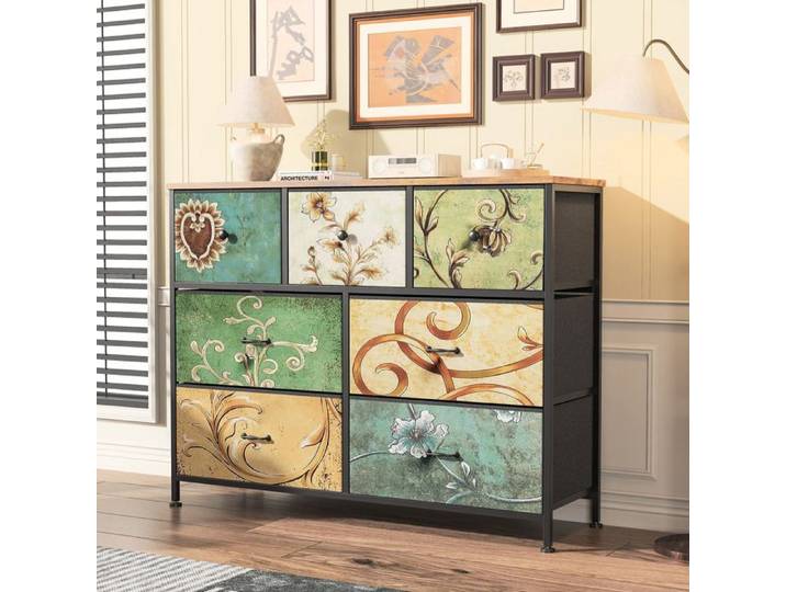 Commode Chambre Adulte Commode 7 Tiroirs Chiffonnier Meuble De Rangement Coiffeuse Bohème Meuble Tiroir 100x30x78cm
