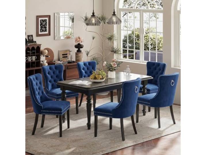 SoarTalent 6er Set Esszimmerstühle Samt gepolstert Nagelkopf, Blau Samt gepolstert, Nagelkopfbesatz, Massivholzbeinen, Metall-Ziehring, für Esszimmer & Wohnzimmer