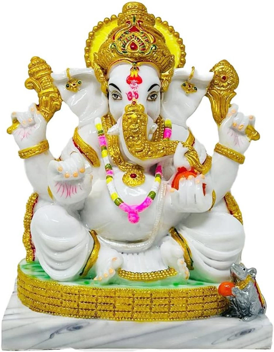 Handgemaakt Ganesha Beeld Decoratie Wit Goud - 25,4 cm