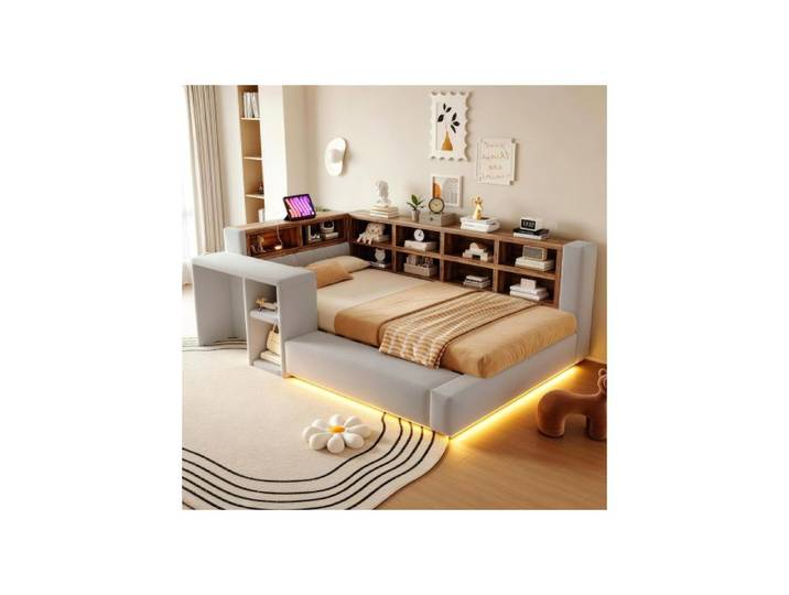 Lit rangement - WESTYLE - Lit gigogne 90x200 - Tête capitonnée LED & prises USB - Rangements multiples - Table latérale