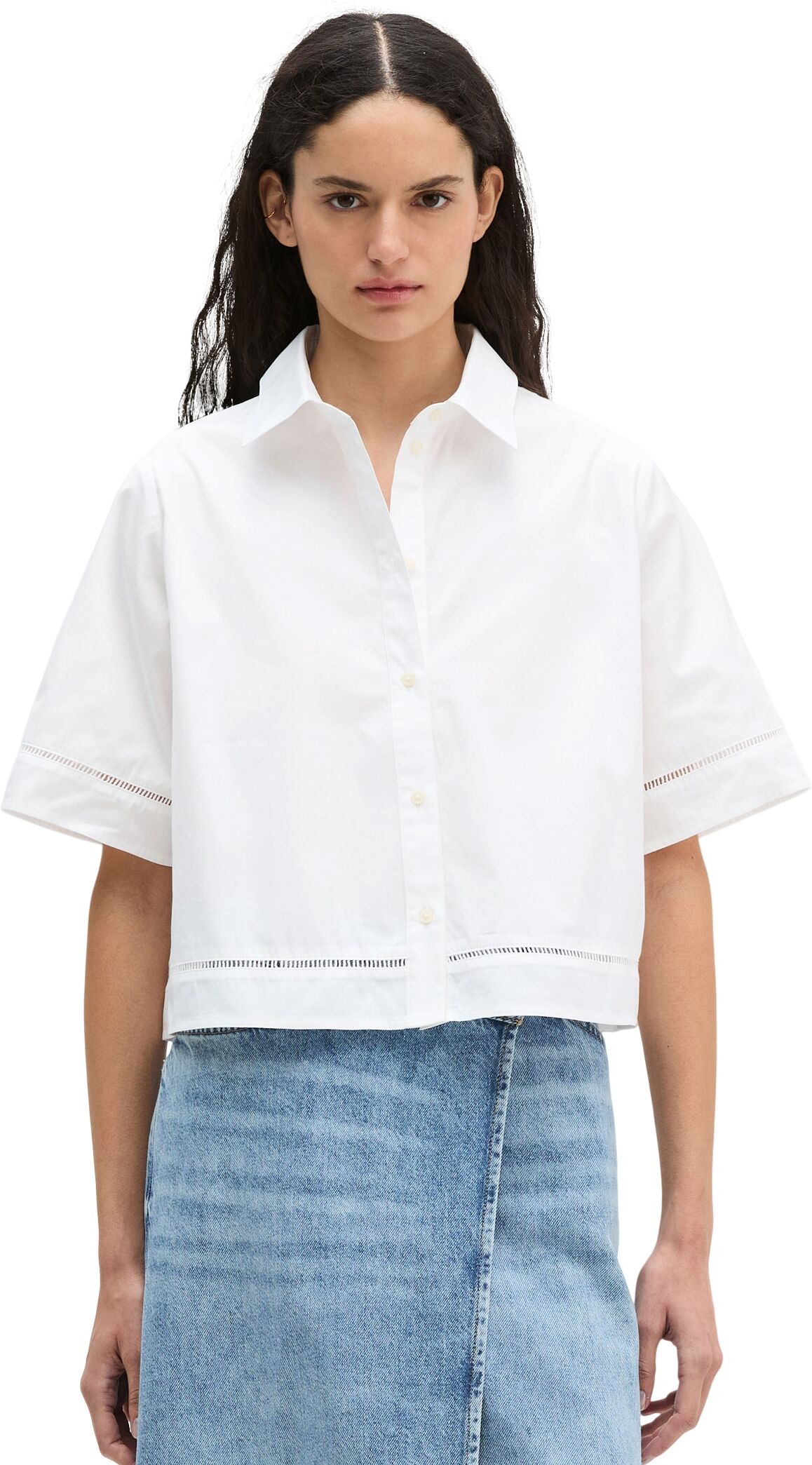 Kurzarmbluse MARC O'POLO "aus Premium-Popeline", Damen, Gr. 46, weiß, Obermaterial: 100% Baumwolle, unifarben, regular fit bauchfrei, Spitze, Blusen
