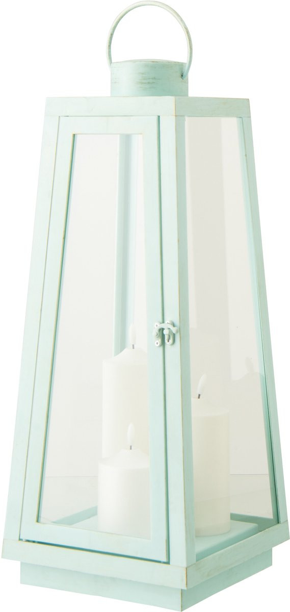 J-Line lantaarn met kaars in turkoois glas, groot, met LED-lichtjes