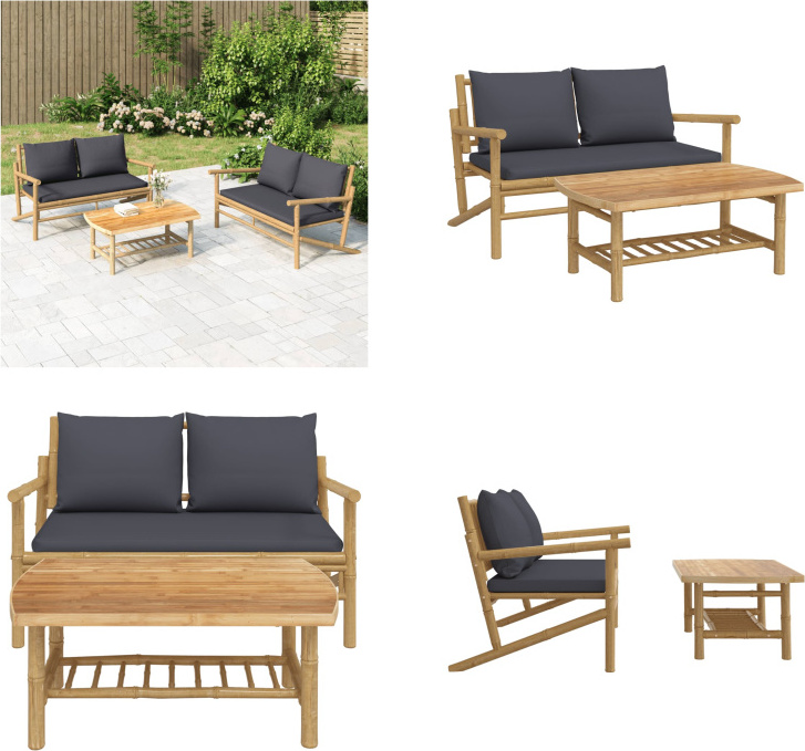 vidaXL 2 tlg. Garten Lounge Set mit Dunkelgrauen Kissen Bambus - Garten Lounge Set - Garten Lounge Sets - Lounge Set - Lounge Set Terrasse
