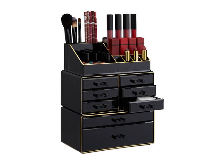 Relaxdays Kosmetik-Organizer Schwarz-Gold Acryl 8 Schubladen, Schwarz, Goldfarben, Kunststoff, 24x30x14 cm, Ordnen & Aufbewahren, Deko- & Aufbewahrungsboxen, Organizer