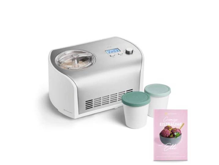 SPRINGLANE Eismaschine Elli 1,2 L mit selbstkühlendem Kompressor 135 W inkl. Aufbewahrungsbehälter 2er-Set, Eiscrememaschine aus Edelstahl mit entnehmbarem Eisbehälter, inkl. Rezeptheft