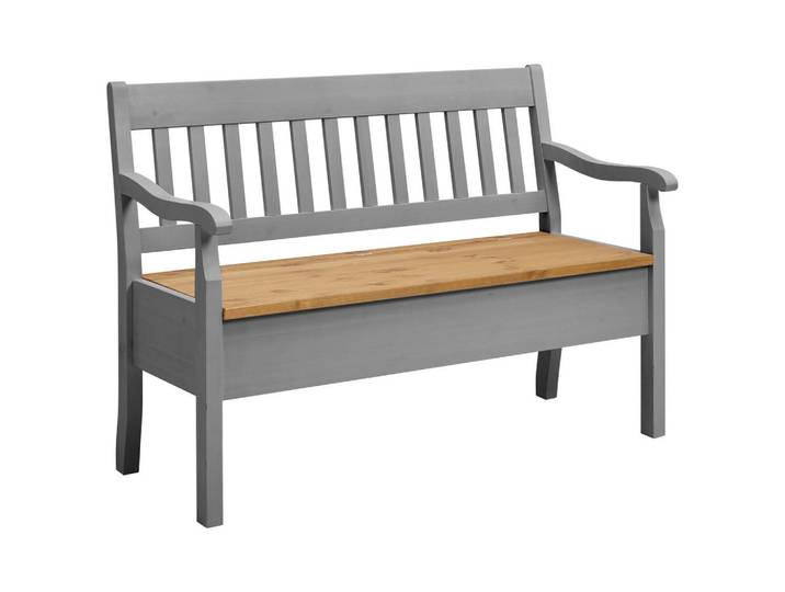 Boxxx Sitzbank, Grau, Laugenfarbig, Holz, Kiefer, massiv, 2-Sitzer, 130x93x58 cm, Truhe im Sitz, Holzmöbel, Sitzgelegenheiten Holz, Holzbänke