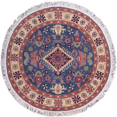 Treasured Knots Bohemian Kazak Giselle Blue/Natural Wool Round - 4'10'' x 4'10''