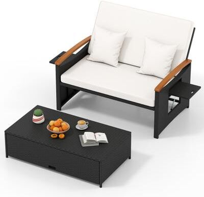 Costway Outdoor Wicker Daybed with Folding Panels and Storage Ottoman-White