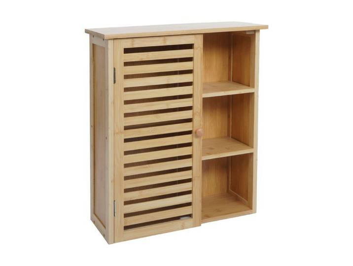 Armoire suspendue HWC-O73 armoire de salle de bain porte compartiments de rangement bambou 60 x 50 x 19 cm