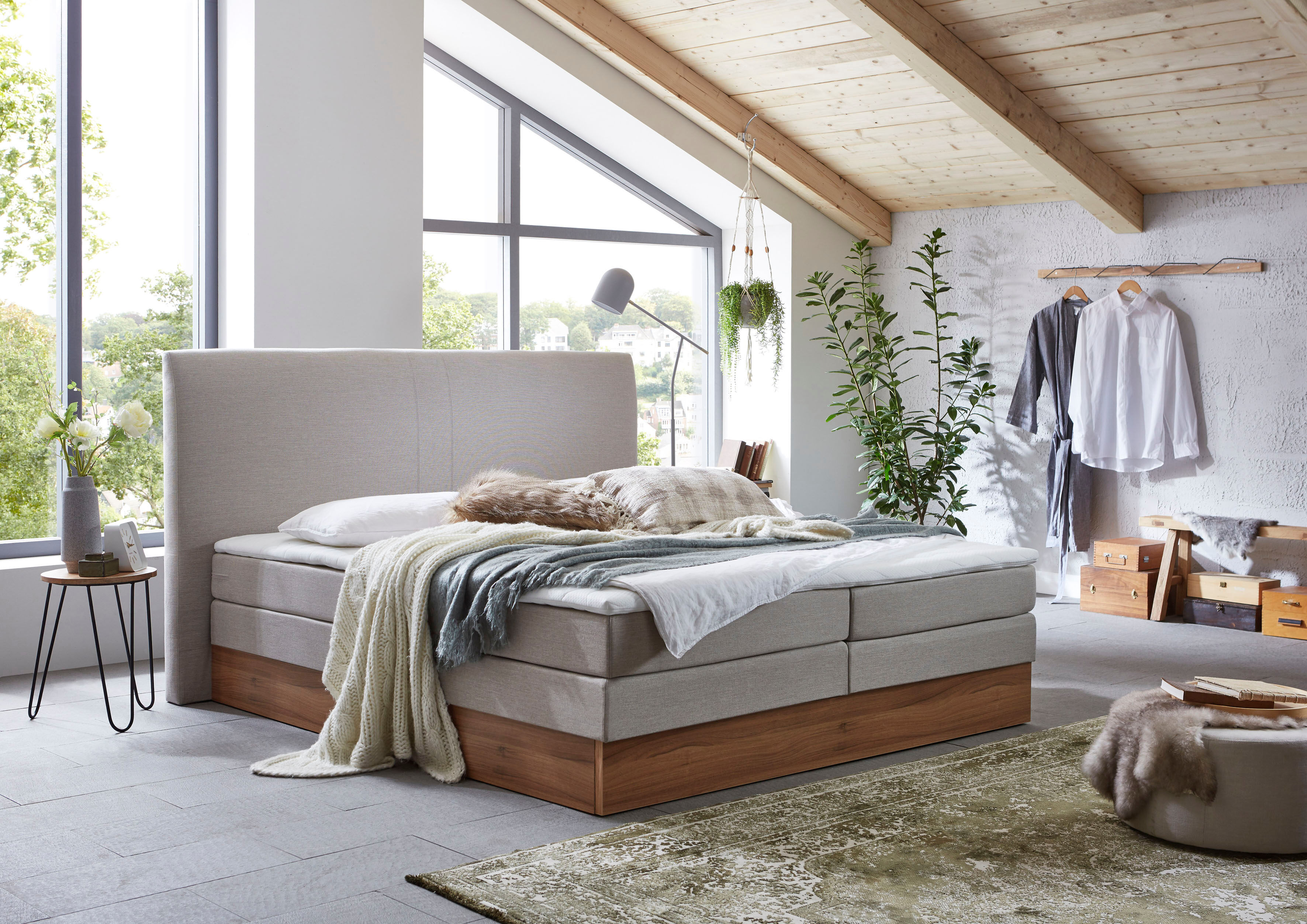 Boxspringbett HOME AFFAIRE "Blomen", beige, B:182cm L:224cm, Komplettbetten, Boxspringbett, mit Walnuss-Dekor, mit Bettkasten, verschiedene Härtegrade, mit Topper