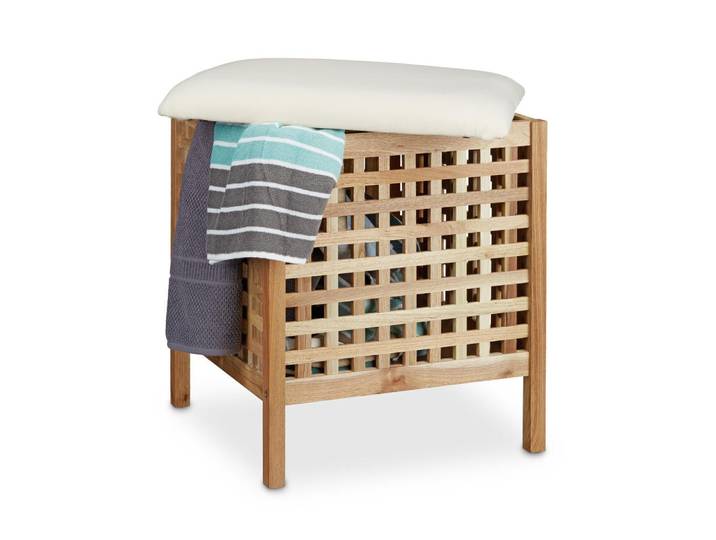 Relaxdays Badhocker Walnuss mit Wäschesammler 52 L, Hellbraun, Holz, 49x52x49 cm, Wohnzimmer, Sessel, Hocker & Hockerbänke, Sitzwürfel