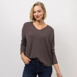 KIM & CO. Shirt, Langarm Zopfstrick-Jersey V-Ausschnitt oversized