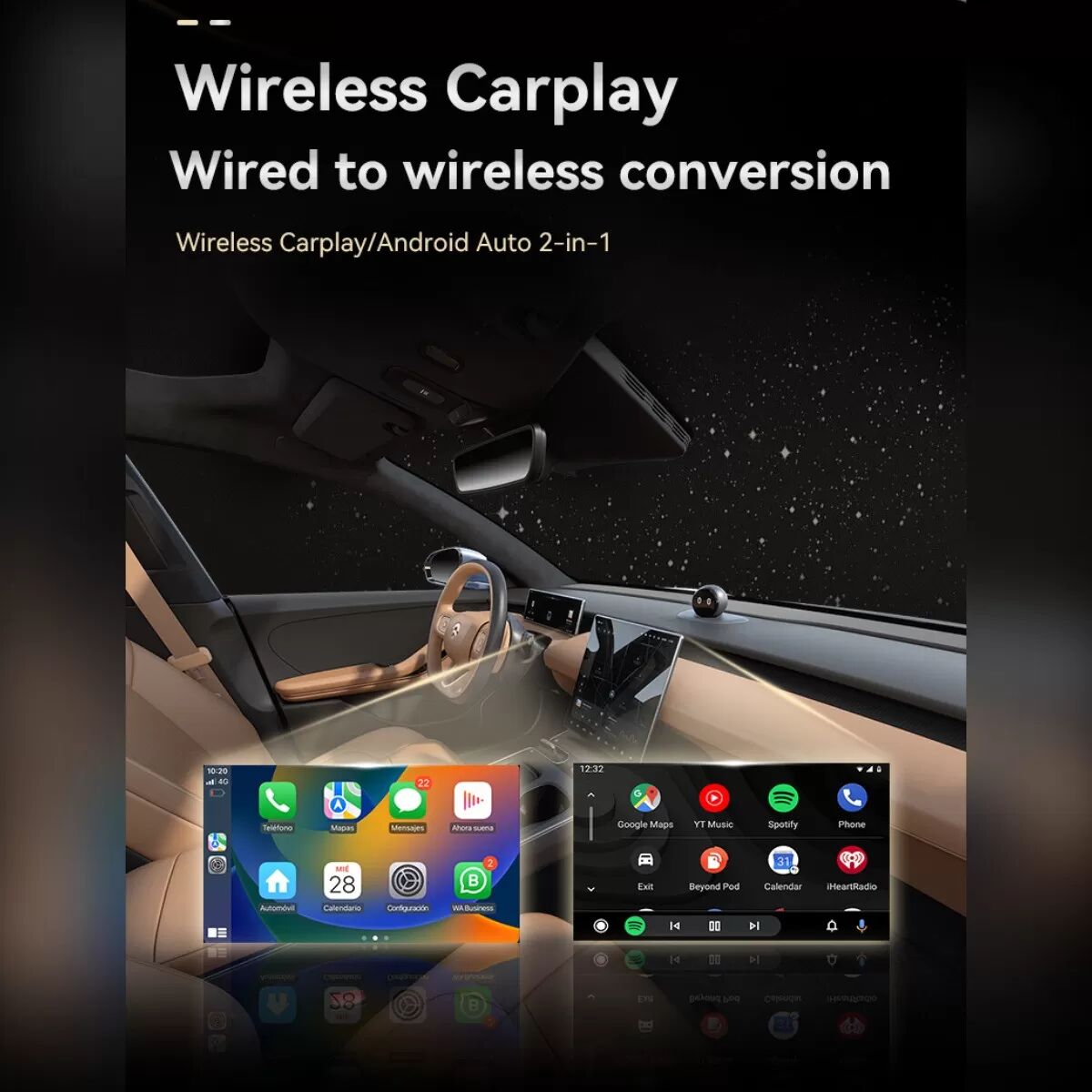 INF Smart Carplay & Android Auto Kabelloser Adapter - Anthrazitfarbene Metall- & Glas-Verbindungsbox