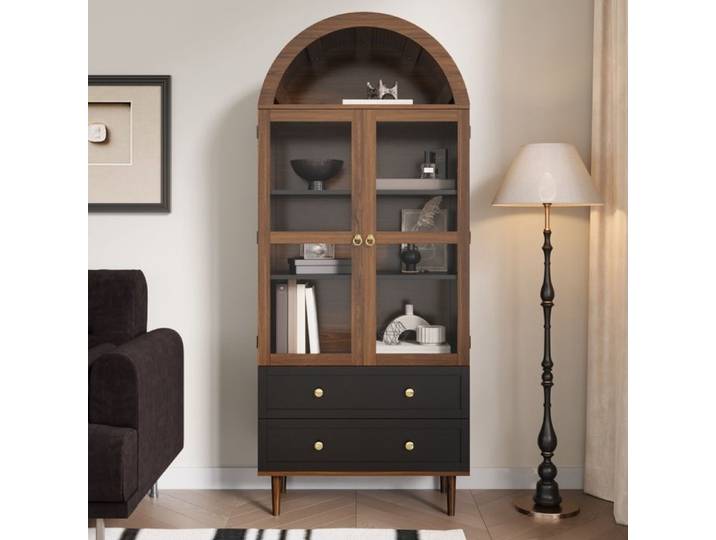 Armoire de Rangement Buffet Haut Salon avec 2 Portes Verre Bombé et 2 Tiroirs Meuble de Rangement Rétro Moderne 70x38x168cm