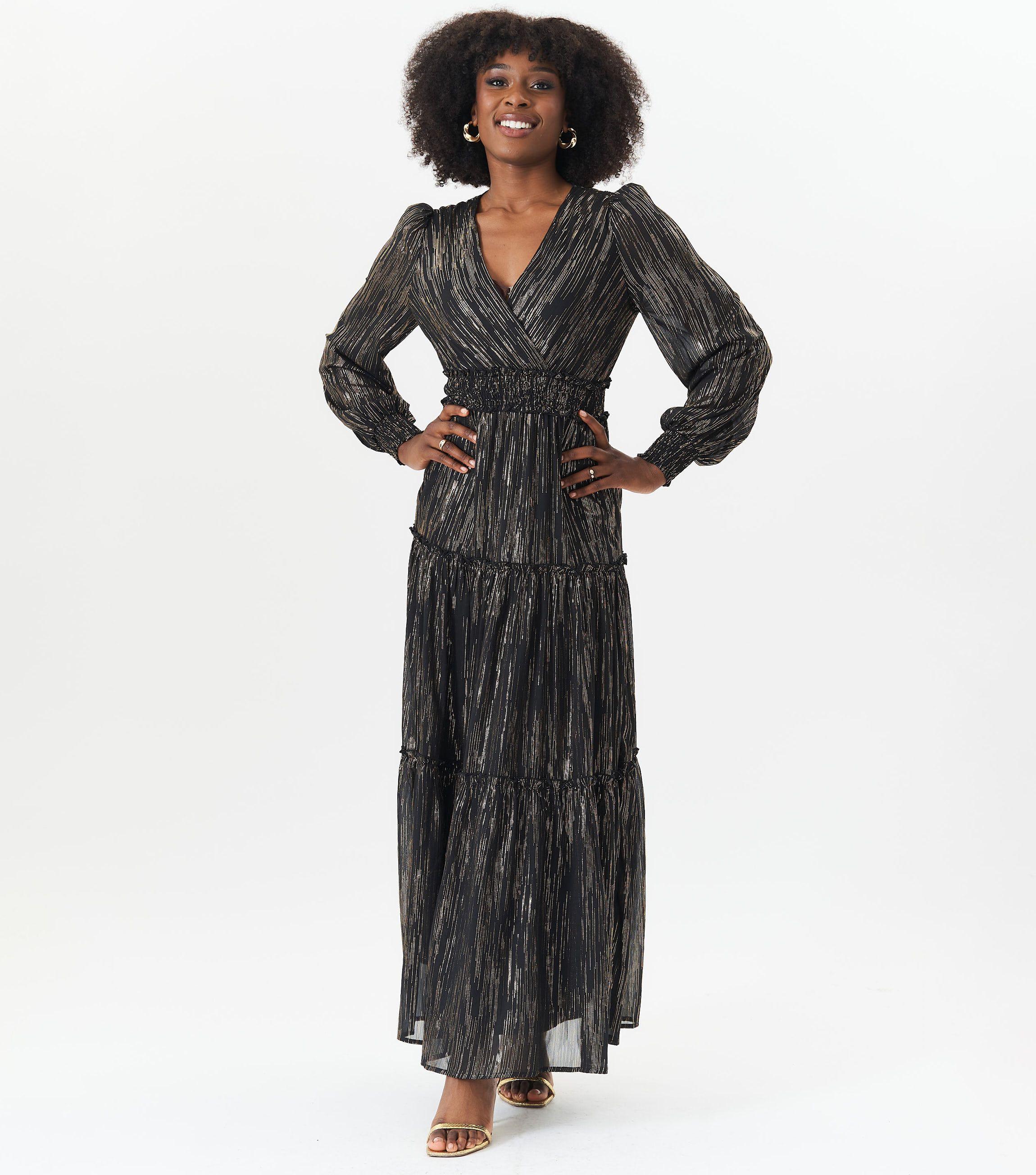 Schwarz Lurex Chiffon Anlass gestaffelt Maxi Dres