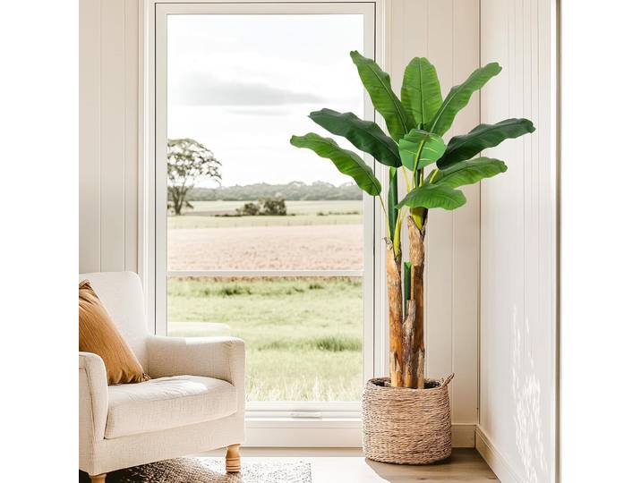 Arbre à bananier artificiel 150cm, fausse banane avec planteur, plantes artificielles avec fausses feuilles de bananier, pour la maison et le bureau