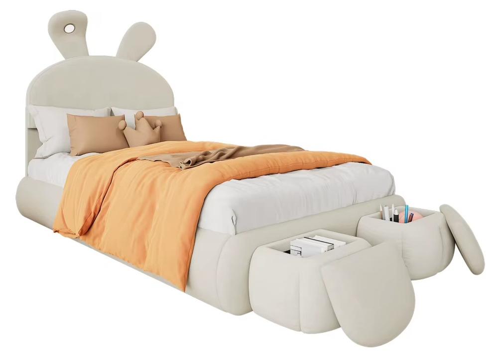 Polsterbett - Hasenohrbett - 90 x 200 cm - Samt - Einstellbare warme LED-Beleuchtung - 2 Aufbewahrungshocker - Roséweiß