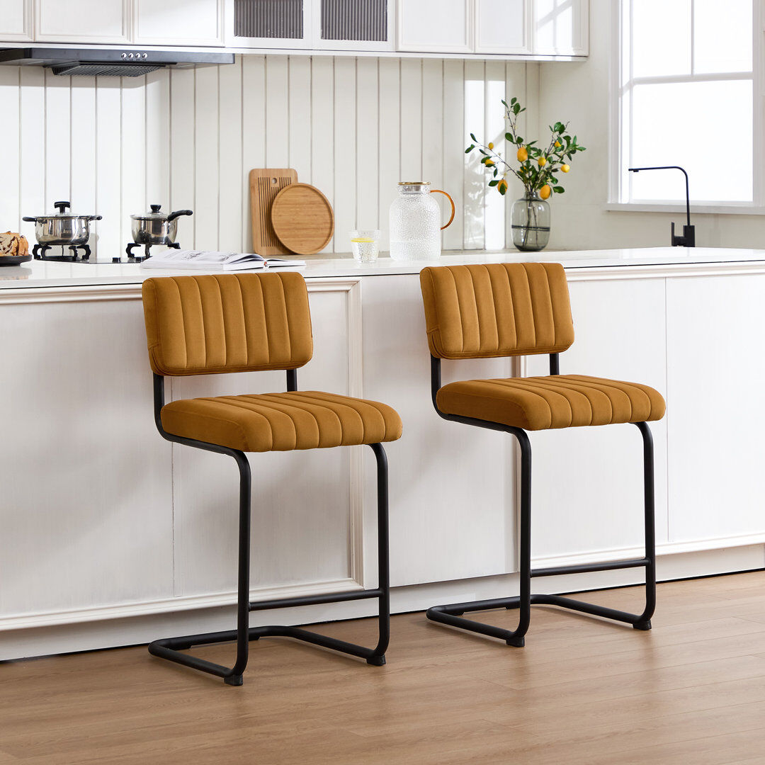 Mercer41 Ambrine 62.5cm H Counter Stool Features Velvet Thick Padded Seat and Black Steel Frame with Footrest Cognac Counter Stool (62.5cm Seat Height)