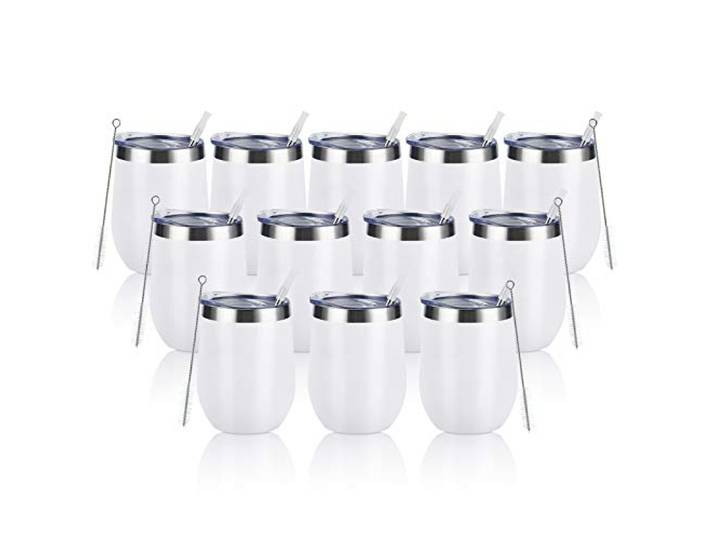 Weingläser aus Edelstahl, doppelwandig, vakuumisoliert, mit Deckel und Strohhalmen, 340 ml, für Kaffee, Wein, Cocktails, Champaign, Weiß, 12 Stück