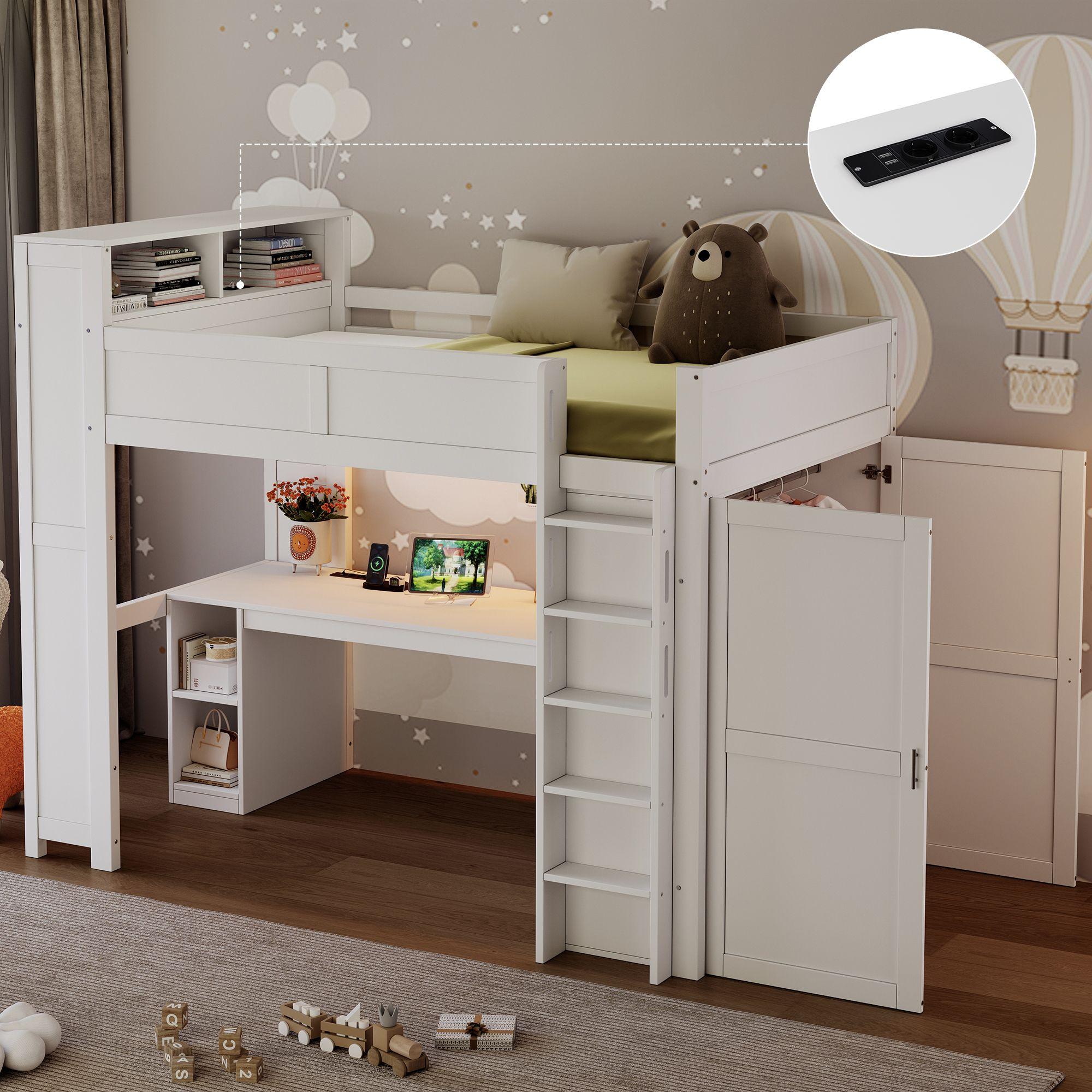 Merax Etagenbett Hochbett 90x200 cm mit Schreibtisch, Kleiderschrank, Staufächern, USB-Anschluss und LED-Beleuchtung, Kinderbett, Weiß