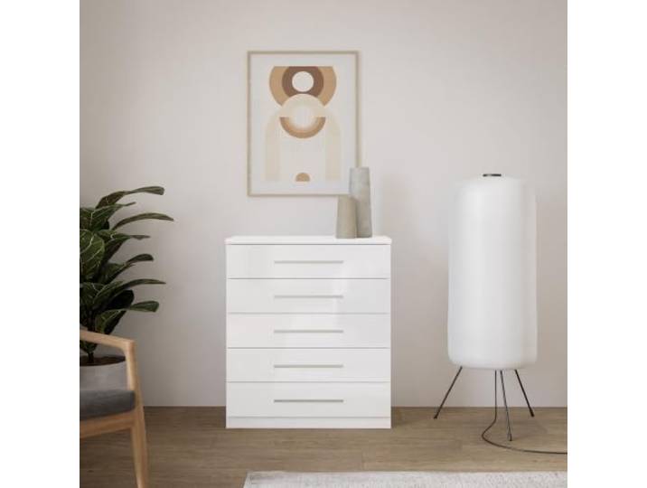 Forte Prague Kommode 70, Moderne Kommode mit 5 Schubladen, Elegante silberfarbene Griffe, Holzwerkstoff, Weiß Hochglanz, 69,9 cm breit x 88,5 cm hoch x 41,6 cm tief