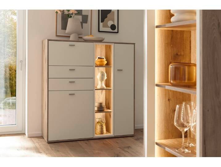 Highboard Santerno , Soft white / Viking Oak , LED Beleuchtung
