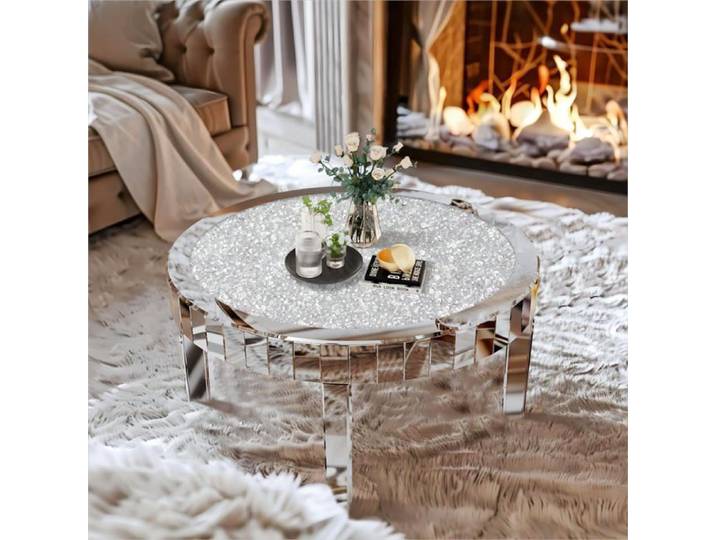 Table Basse Ronde - Artloge - Miroir - MDF + Verre - Diamants Écrasés - 80x80x46.5cm