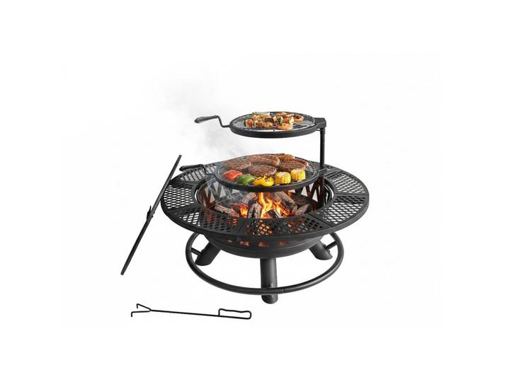 Relaxdays Feuerschale Schwarz mit Deckel 92 cm, Metall, 92x61x92 cm, Gartenmöbel, Balkonmöbel