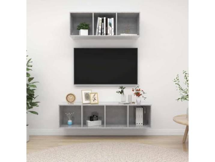 HEFZGDB 2-TLG. TV-Schrank-Set Betongrau Holzwerkstoff Wandmontage mit Stauraum für Organisation